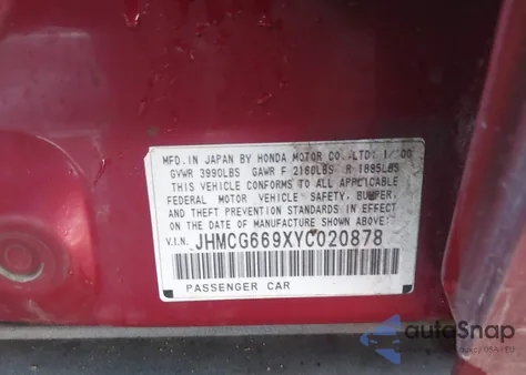 2000 Honda Accord 2.3 Se from USA, damaged, VIN JHMCG669XYC020878